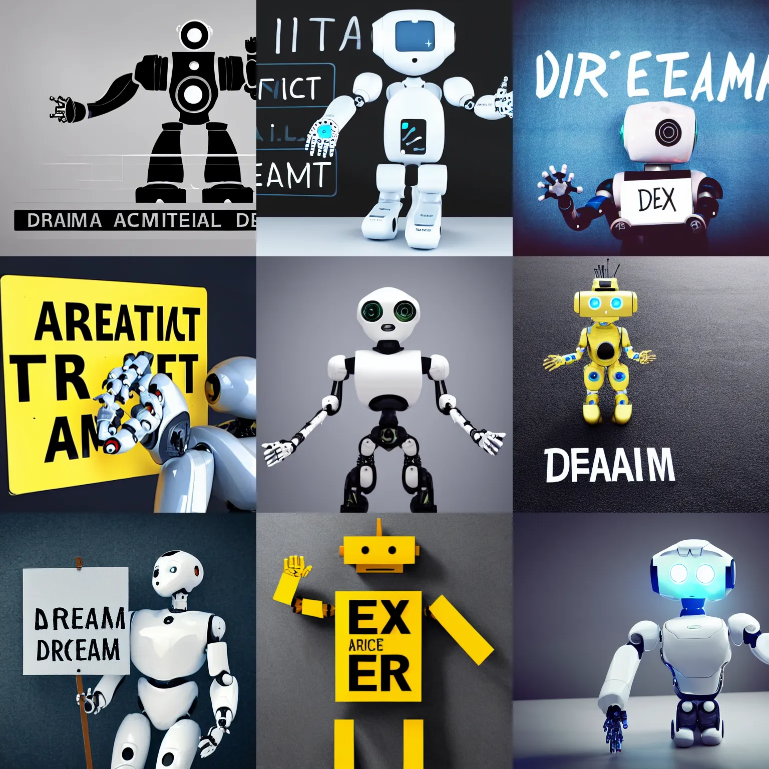 Prompt: artificial intelligence robot holding a sign with text that reads :! dream