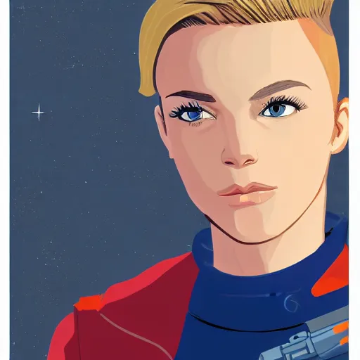 Image similar to character concept art of stoic heroic emotionless handsome blond butch tomboy woman with very short slicked-back hair, no makeup, in dirty and worn flight suit, science fiction, illustration