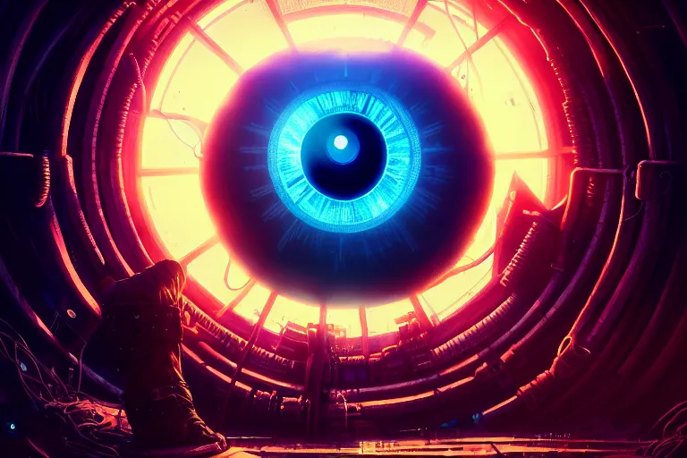 Image similar to portrait of a mystical giant eye, mechanic, dystopian, ( ( cyberpunk ) ), intricate, ( ( ( abstract ) ) ), cinematic, glow, neons, octane render, wlop, greg rutkowski, dan mumford, artgerm