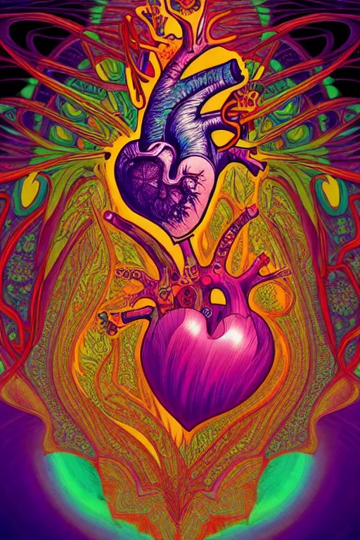 Image similar to An extremely psychedelic abstract illustration of an anatomical human heart, colorful, surreal, dramatic lighting, magic mushrooms, psilocybin, LSD, detailed, intricate, elegant, highly detailed, digital painting, artstation, concept art, smooth, sharp focus, illustration, art by Krenz Cushart and Artem Demura and alphonse mucha, unreal engine 5 render, 8k