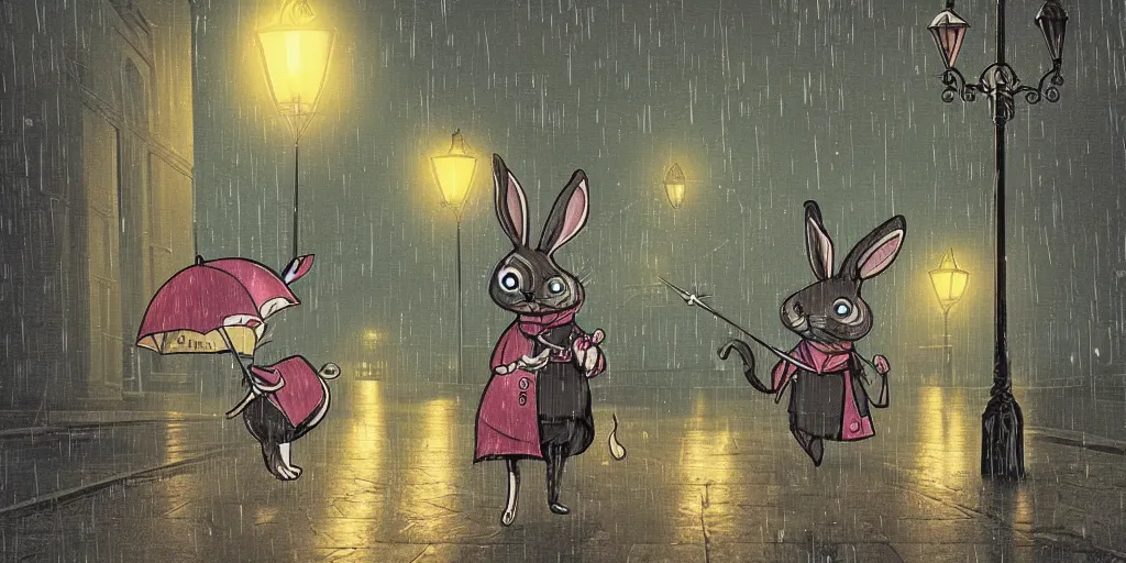 Prompt: a time traveling rabbit holding a pocket watch and an umbrella, rainy night, city lights, streetlights, digital art, sharp, 1 9 8 0 s style