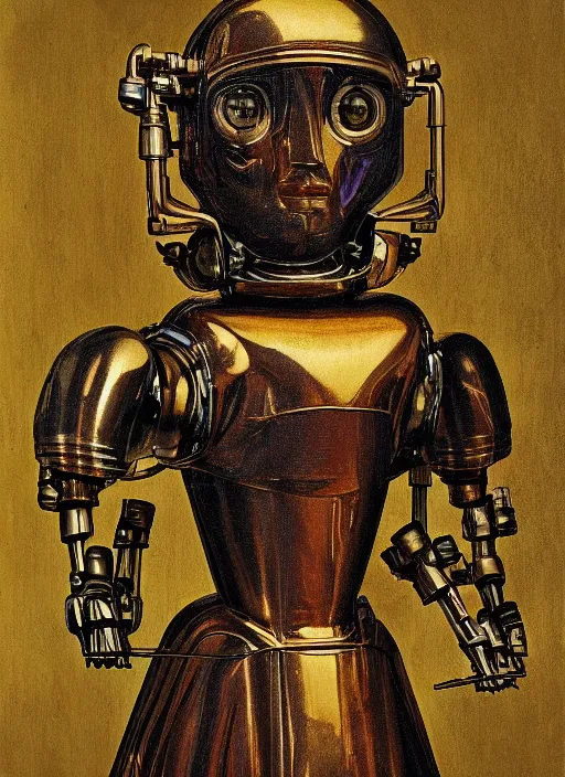 Image similar to a portrait of a shiny metallic renaissance steampunk robot, in the style of Jan van Eyck,