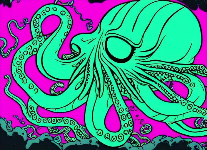 Image similar to highly detailed graphitti, Cthulhu, octopus, waves, bold colors, graphitti, digital spray paint graphitti