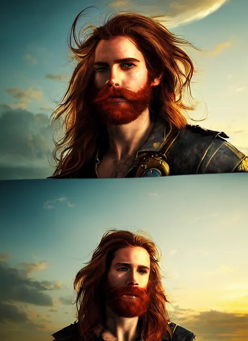 Image similar to portrait painting of a handsome face rugged long hair crimson hair male captain simple clothing top half portrait soft hair steampunk ornate mechanical zeppelin airship in the background sky sunset golden hour fantasy rugged book cover art atmospheric lighting art by mullins rutkowski bussiere