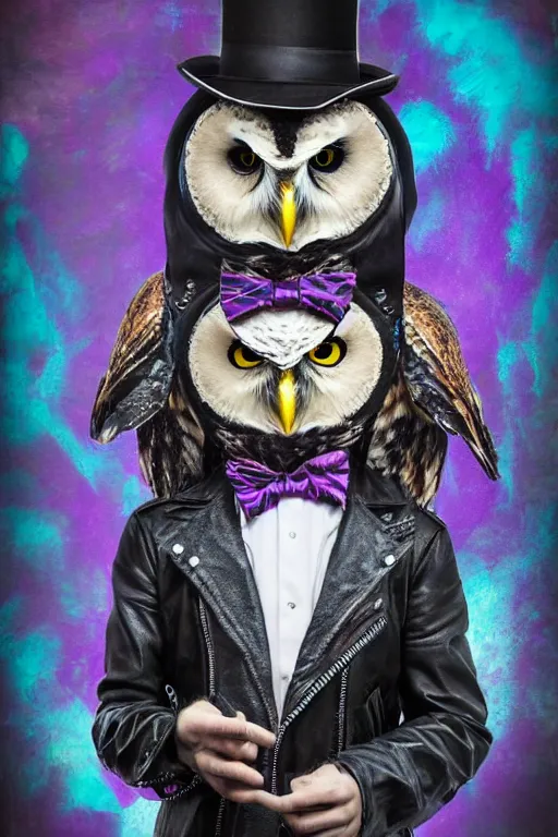 Prompt: owl wearing black biker jacket, portrait photo, backlit, background pastel, swirling kobalt blue and rich purple, studio photo, suit, bow tie, tophat, tophat