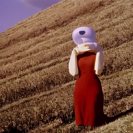 Image similar to sad woman with an inflatable nose, long snout, in the hillside, 1974 fellini, archival footage, technicolor film