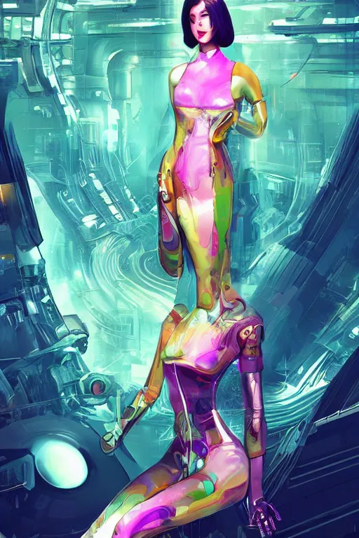 Image similar to attractive female android in feminine pose on a hyper-maximalist overdetailed retrofuturist scifi bookcover illustration from '70s. Inspired by wlop. Biopunk, solarpunk style. Daytime