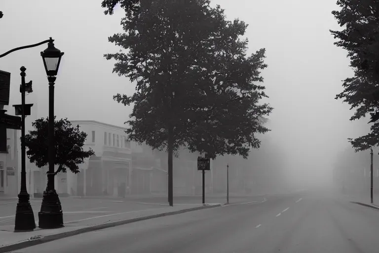 Prompt: washington main street, lonely, midnight, fog, no lights