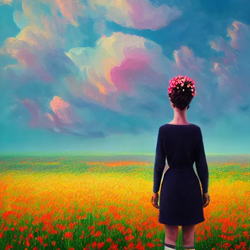 Image similar to woman with blooming flower face, standing in flower field, surreal photography, sunrise, impressionist painting, colorful clouds, artstation, dali, simon stalenhag