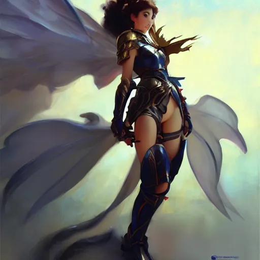 Image similar to greg manchess painting of anime woman in armor, long wings, soft lighting, trending on artstation, by huang guangjian and gil elvgren and krenzcushart