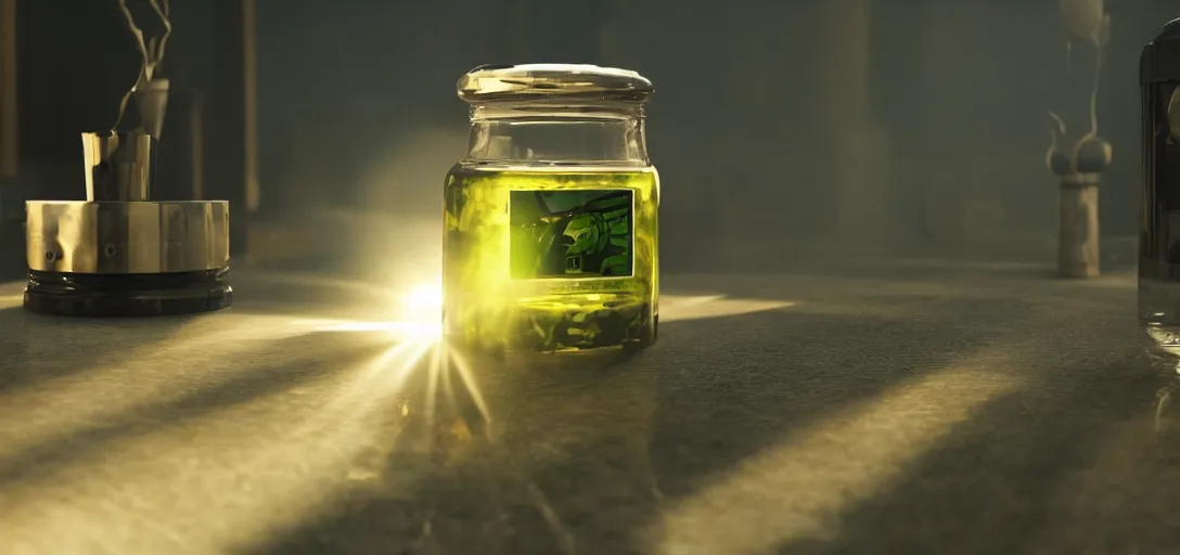 Image similar to a close - up of an nvidia gpu preserved in a jar of olive oil, foggy, sun rays, cinematic shot, photo still from movie by denis villeneuve, wayne barlowe