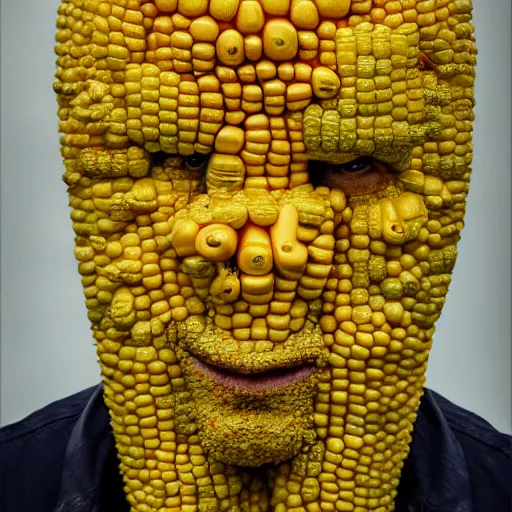 Image similar to portrait of corn - man, a man with skin made of corn, yellow, weird, 4 k