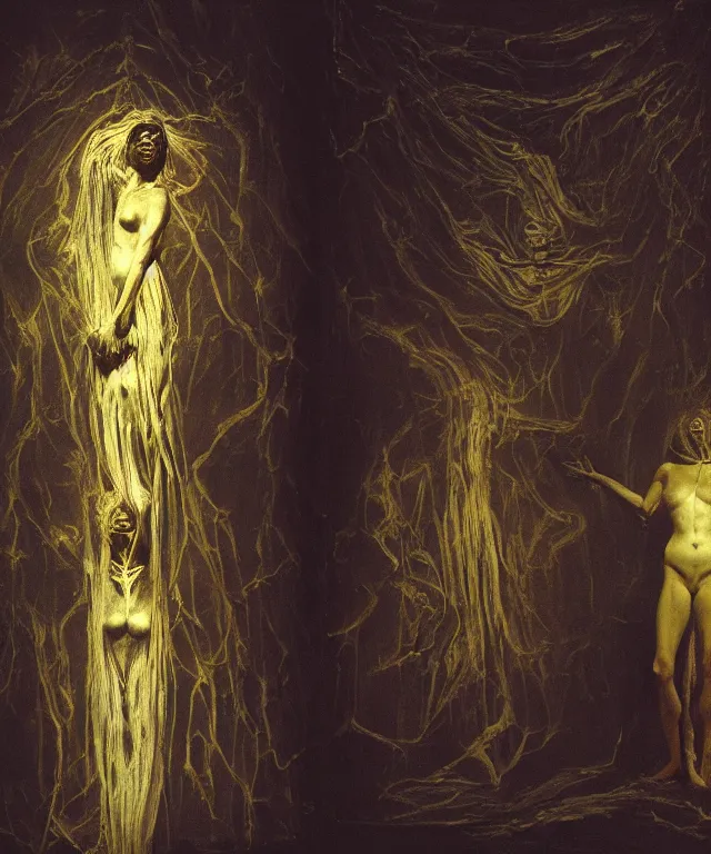 Prompt: The dark room without doors and windows with beautiful full-body wax sculpture of the glowing transparent woman with visible golden bones inside her in the singularity where stars becoming baroque folds of dark matter by Michelangelo da Caravaggio, Nicola Samori, William Blake, Alex Grey and Beksinski, dramatic volumetric lighting, super detailed oil painting, 8k, masterpiece