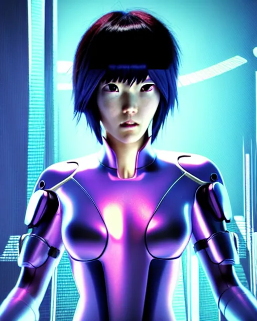 Image similar to weta disney pixar movie still portrait photo of motoko kusanagi ghost in the shell : : as cyborg woman by pixar : : by weta, wlop, ilya kuvshinov, rossdraws, artgerm, marvel, maxim cover, latex, octane render, sweaty, iridescent, bright morning, anime, liosh, mucha : :