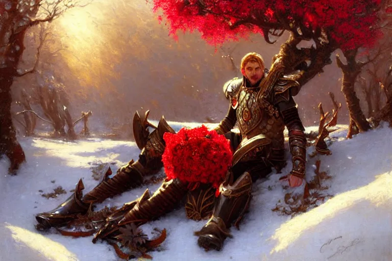 Image similar to winter, a male warrior wearing armor relaxing under a world tree with red flowers, ground covered with snow, extreme long shot, fantasy, painting by gaston bussiere, craig mullins, j. c. leyendecker, trending on artstation