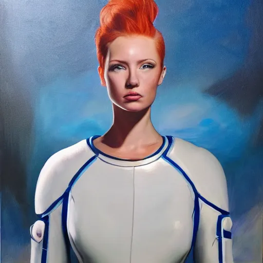 Image similar to redhead fashion model in futuristic astronaut suit, portrait, hyperrealism oil painting