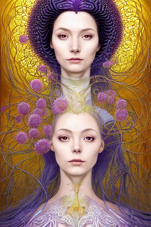 Prompt: portrait of a young female wizard in flowing sensual dress, arrogant, long fine flowing hair, delicate, looking at camera, slight nerdy awkward smile, realistic face, stylish, elegant, grimdark fantasy, flowers, extremely detailed painting inspired by Gerald Brom and Ernst Haeckel and Victor Nizovtsev, studio lighting