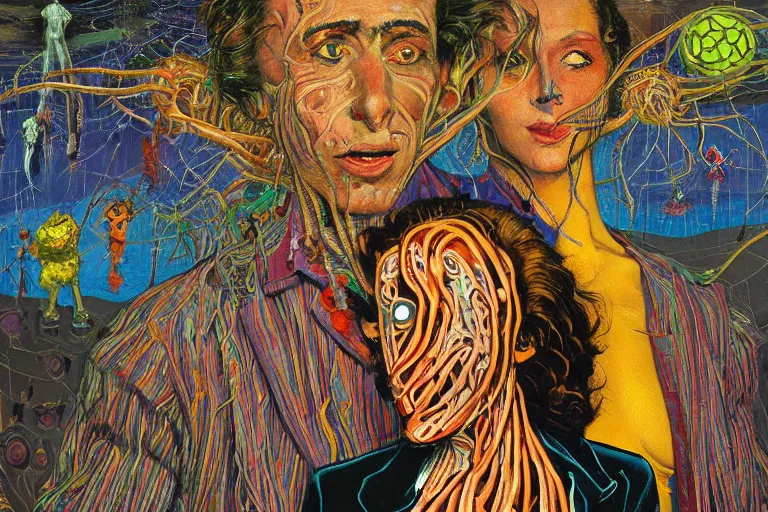 Image similar to expressionism painting of two lovers wearing a suit made of nervous system, channeling third eye energy, surrounded by a background of dark cyber mystic garden of earthly delights, midnight hour, painted part by francis bacon, part by josan gonzales, part by dan mumford, part by norman rockwell, part by gustave moreau, artstation, 4K, highly detailed,