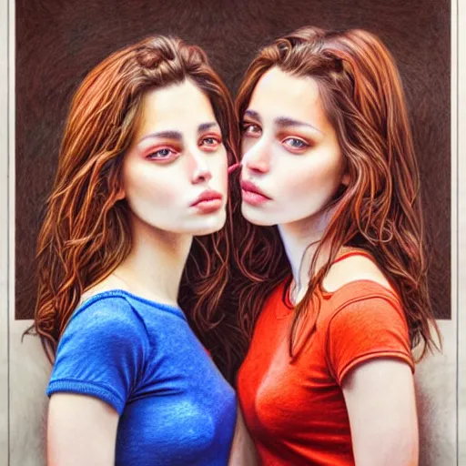 Image similar to French sisters in a café posing for the camera. insanely and epically detailed supreme-quality color pencil artwork, amazingly composed image, epic pencil illustration by Artgerm and Stanley Law.