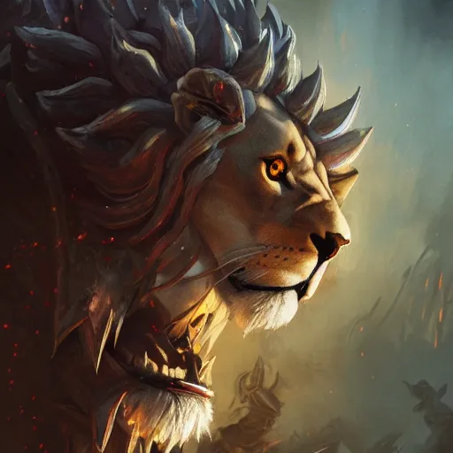 Image similar to Lion, Anthropomorphized, as warlord general on skull throne, magic the gathering artwork, D&D, fantasy, cinematic lighting, centered, symmetrical, highly detailed, digital painting, artstation, concept art, smooth, sharp focus, illustration, volumetric lighting, epic Composition, 8k, art by Akihiko Yoshida and Greg Rutkowski and Craig Mullins, heroic pose, oil painting, cgsociety, Battlefield background, explosions, arrows