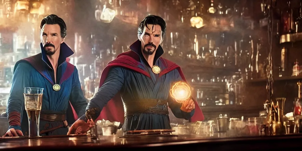 Image similar to film still of Doctor Strange working as a bartender in the new Avengers movie, 4k