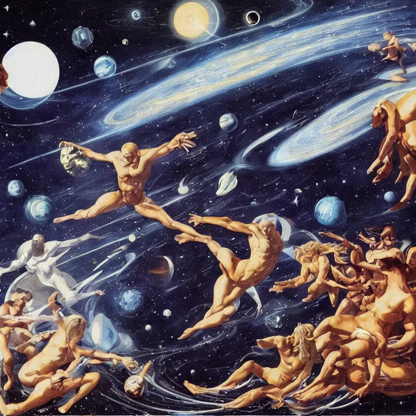 Prompt: silver surfer surfing by planets in space. action shot. pulp sci - fi art for omni magazine. high contrast. baroque period, oil on canvas. renaissance masterpiece.