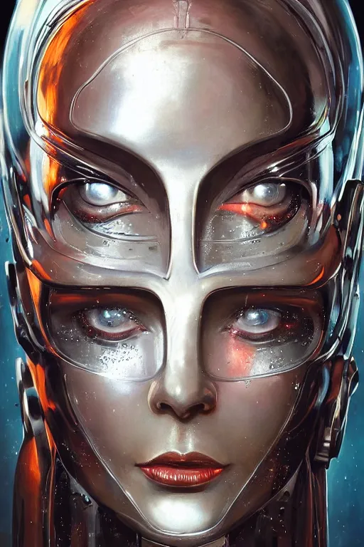 Image similar to retro-futuristic portrait of a beautiful female android in old scratchy chrome armour, wired head, blind eyes, white liquid dripping on it, ornate background, rim light, ornate pattern, glowing eyes, evil expression, high details, intricate details, renaissance painting by vincent di fate, artgerm julie bell beeple, 80s, Smooth gradients, High contrast, depth of field, very coherent symmetrical artwork