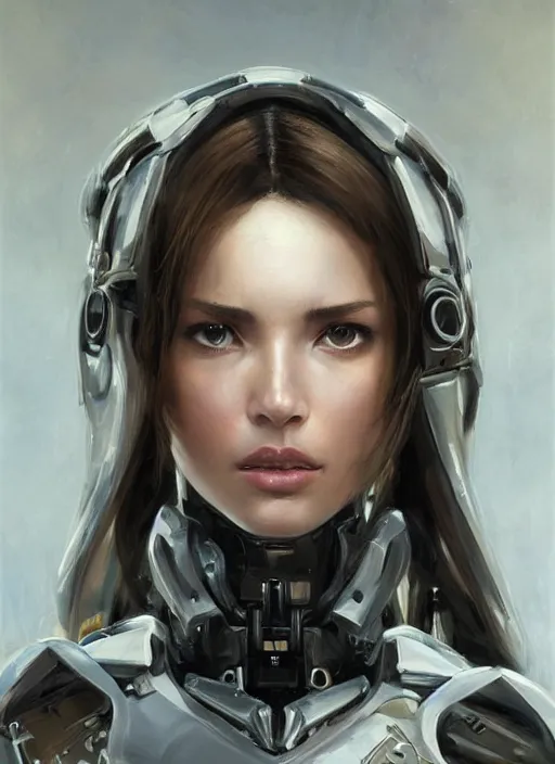 Prompt: a professional painting of a beautiful young female, clothed in cybernetic military armor, olive skin, long dark hair, beautiful bone structure, symmetrical facial features, intricate, elegant, digital painting, concept art, smooth, sharp focus, illustration, from Metal Gear, by Ruan Jia and Mandy Jurgens and Artgerm and William-Adolphe Bouguerea