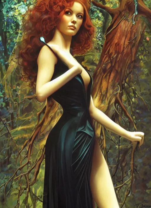 Image similar to portrait sylph princess, black iron crown, diamond shimmering dress, strong line, deep color, forest, beautiful! coherent! by boris vallejo, by brom