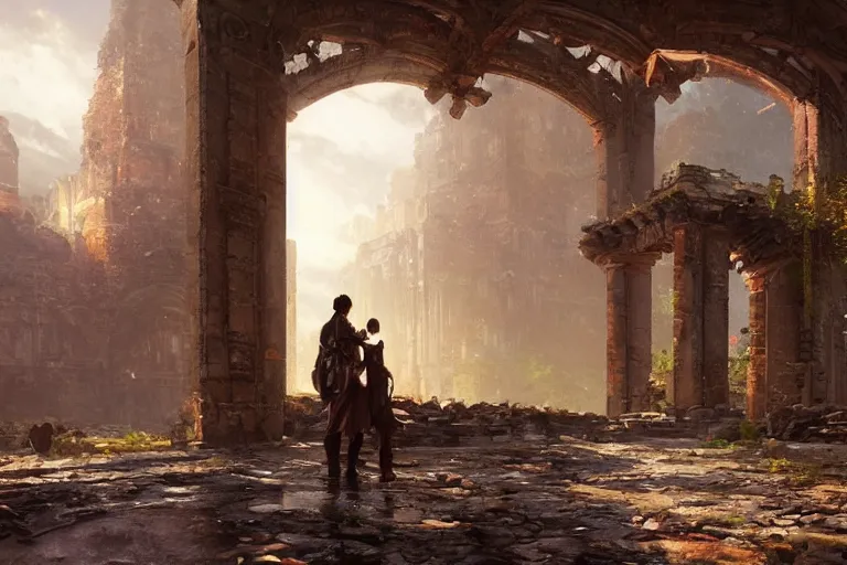 Prompt: a detailed amazing picture of empty ruins, two people, by greg rutkowski and thomas kinkade, trending on artstation