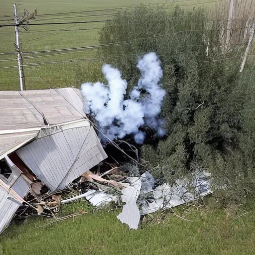 Prompt: a large funnel formed on the territory of the Russian village house in Russia as a result of a rocket hit