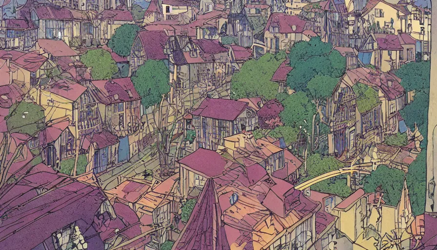 Prompt: ligne claire art of a sparse village intertwined with nature, street-level view, by Moebius, bright colors, Eisner award-winning spread