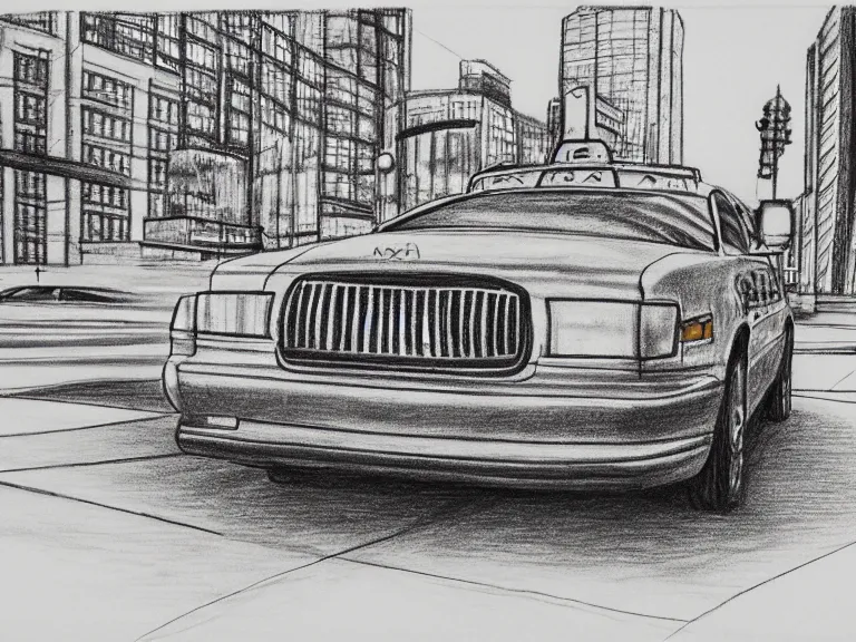 Image similar to a pencil drawing of one single taxi cab. by pen tacular