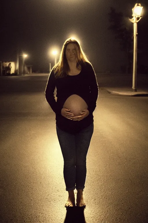 Image similar to very frightened pregnant woman under street light, jeans and sweater, by Alyssa Monks, Bouguereau