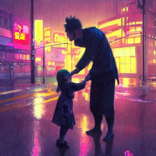 Prompt: old martial arts teacher with his cute daughter, rainy night, neon glow concept art, sharp focus, city background, intricate, digital painting, artstation, official media, anime key visual, highly detailed, rich vivid colors ambient lighting, illustration, art by Artgerm, Makoto Shinkai, Ilya Kuvshinov, Lois Van Baarle and Rossdraws