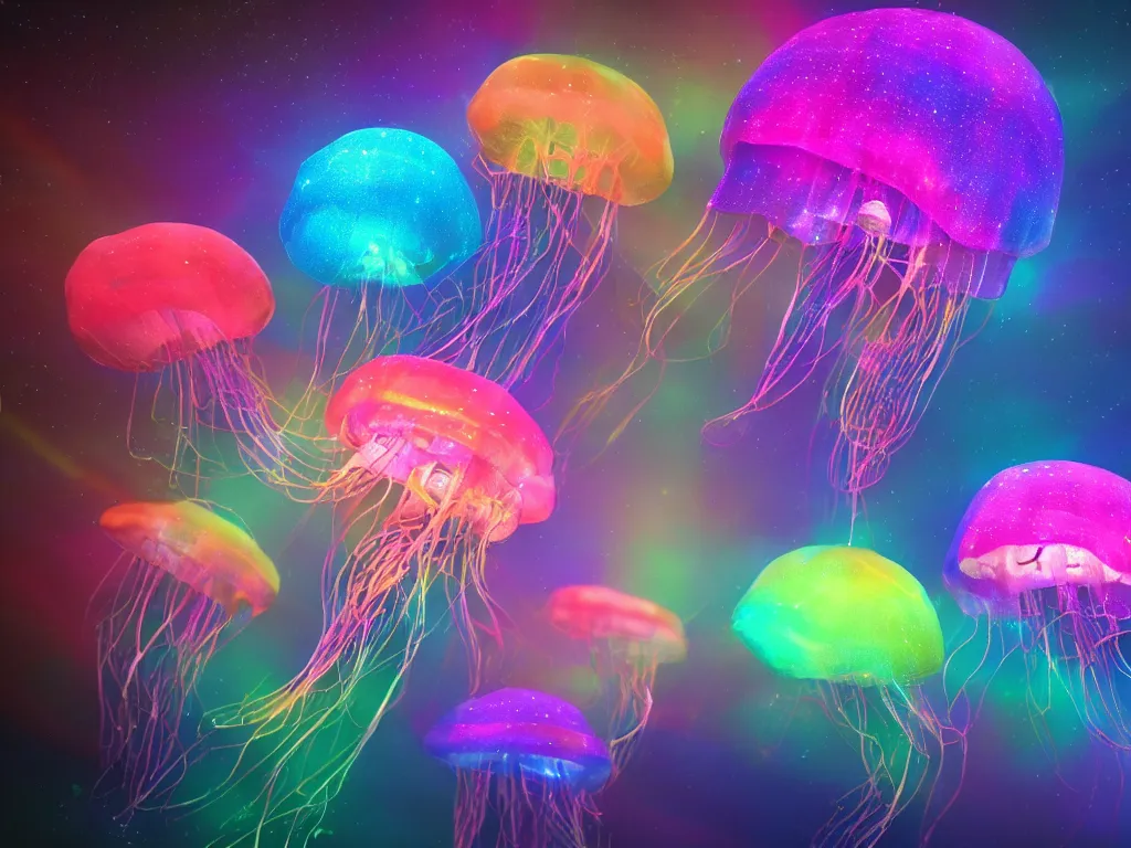 Prompt: three jellyfish swimming in a colorful nebula with shafts of light under a rainbow, trending on artstation, rendered in cinema 4 d, 8 k 3 d, cgsociety, zbrush, volumetric light, lightrays, cinematic, atmospheric, octane render, flickr, filmic, cryengine