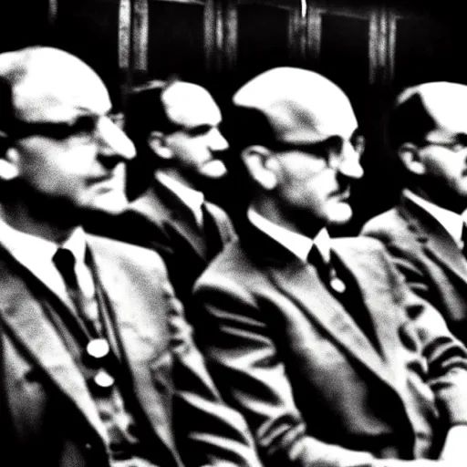 Image similar to The minions at the Nuremberg trials, monochrome, very low contrast, noise