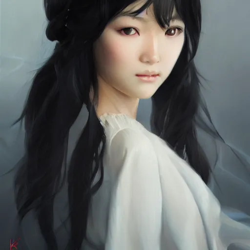 Prompt: Asian girl, watery black eyes, long wavy black hair, white veil, front closeup, highly detailed, centered, oil painting, artstation, anime painting by Cushart Krenz