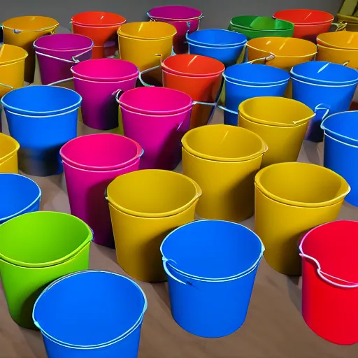 Prompt: a room filled with coloured buckets. a spot is aimed at one of the buckets. unreal engine