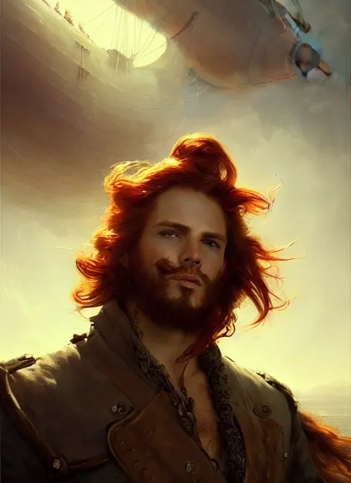 Image similar to portrait painting of a handsome rugged long hair red hair male pirate, soft hair steampunk airship in the sky art by raphael lacoste and stephan martiniere greg rutkowski gaston bussiere fantasy soft hair trending on artstation deviantart book cover art concept art key art dramatic volumetric lighting, 4 k, award winning