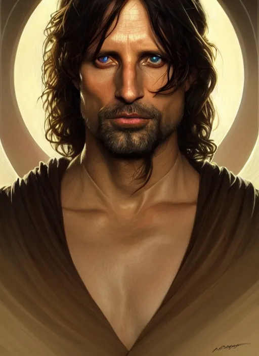 Image similar to symmetry!! portrait of aragorn, intricate, elegant, highly detailed, digital painting, artstation, concept art, smooth, sharp focus, illustration, art by artgerm and greg rutkowski and alphonse mucha