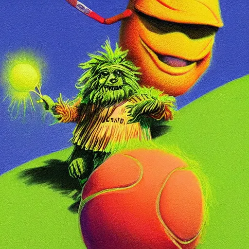 Image similar to a tennis ball monster ,tennis ball, colorful, wizard of oz, digital art, fantasy, magic, trending on artstation, ultra detailed, professional illustration by Basil Gogos