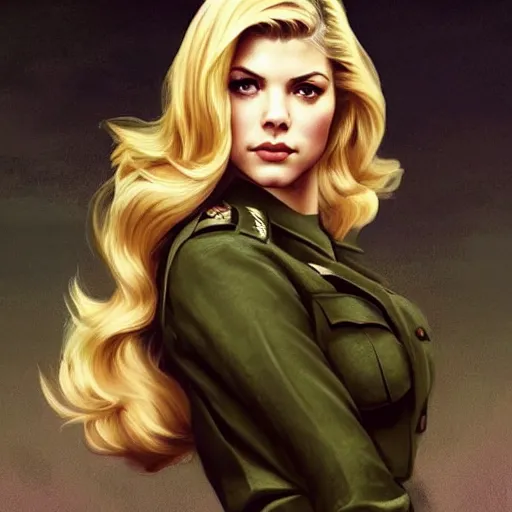 Prompt: A combination of Katheryn Winnick's and Grace Kelly's and Victoria Justice's appearances as a WW2 soldier, full body portrait, western, D&D, fantasy, intricate, elegant, highly detailed, digital painting, artstation, concept art, matte, sharp focus, illustration, art by Artgerm and Greg Rutkowski and Alphonse Mucha