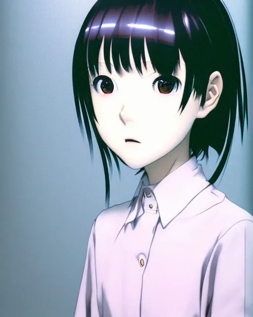 Image similar to a highly realistic, true to life portrait of a beautiful japanese girl, serial experiments lain, wired, sharp focus, with sharp features, a beautiful face, soft smile, under studio lighting, taken with a canon eos camera with 1 3 5 mm focal length, art by range murata and yasuyuki ueda