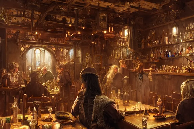 Image similar to Beautiful hyperrealistic detailed matte portrait painting of an elf in a tavern that looks like it's from lord of the rings and bazaar by greg rutkowski, andreas rocha and john howe, and Martin Johnson Heade,featured on artstation, ultrawide angle,f16 , golden ratio, f32, well composed, cohesive