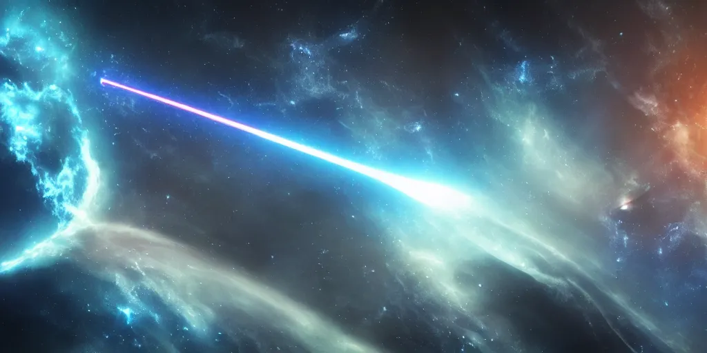 Image similar to A hi-tech chrome-plated curve-shaped long combat spaceship with blue laser weapons flying to the Earth through a blue space nebula, realistic 4k octane beautifully detailed render, 4k post-processing, highly detailed, intricate complexity, epic composition, magical atmosphere, cinematic lighting, masterpiece, ultra hd