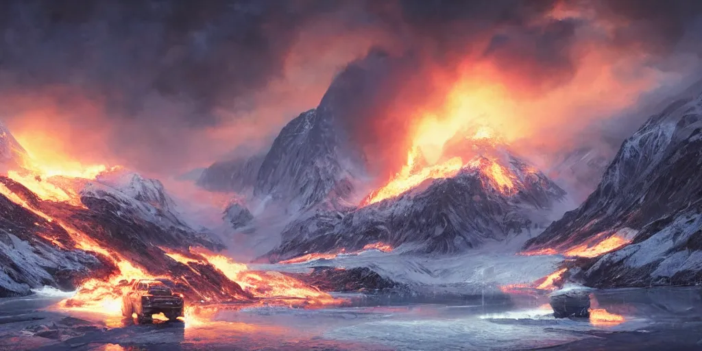 Prompt: alaskan glacier on fire, dim volumetric lighting, 8 k octane beautifully detailed render, post - processing, extremely hyper - detailed, intricate, epic composition, cinematic lighting, masterpiece, trending on artstation, detailed detailed detailed, masterpiece, stunning art by anders zorn, wonderful masterpiece by greg rutkowski, beautiful cinematic light