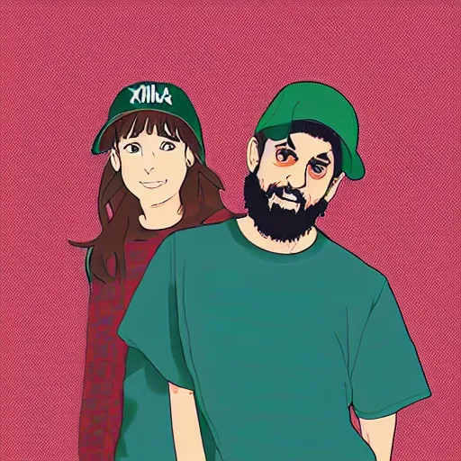 Prompt: hila klein holding hands with ethan klein, anime style, digital art, cute, teddy fresh