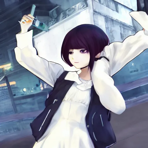 Image similar to luxury advertisement, astonishing portrait of a very beautiful anime schoolgirl with black bob hair in style of cytus and deemo, full perfect face, she is dancing, set in Half-life. Realistic, highly detailed background, artstation, 120 degree view, drawn by Sasoura, Satchely, studio ghibli and Akihiko Yoshida, sharp focus, smooth, 8k, clear face, no distortion