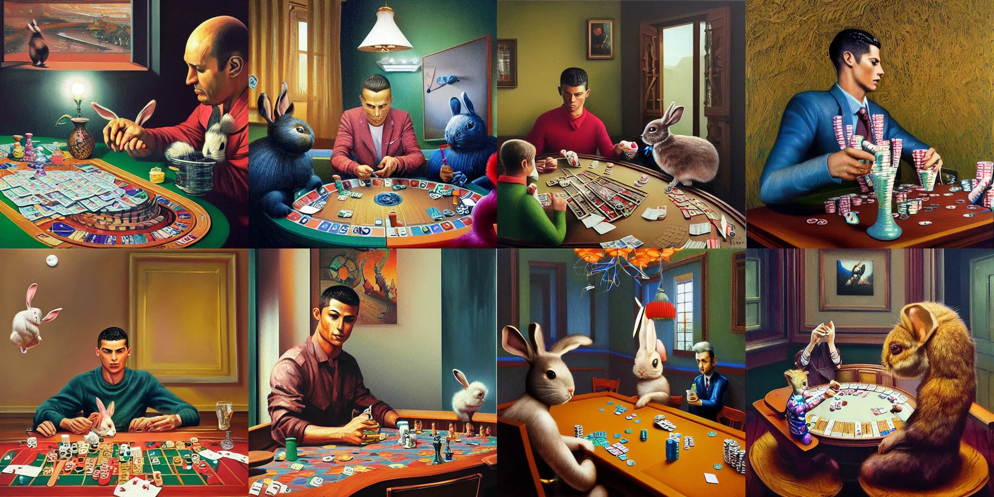 Prompt: hyper detailed 3d render like a Oil painting - Cristiano Ronaldo playing poker with a bunny by Jacek Yerka, Mariusz Lewandowski, Houdini algorithmic generative render, Abstract brush strokes, Masterpiece, Edward Hopper and James Gilleard, Zdzislaw Beksinski, Mark Ryden, Wolfgang Lettl, hints of Yayoi Kasuma, octane render, 8k